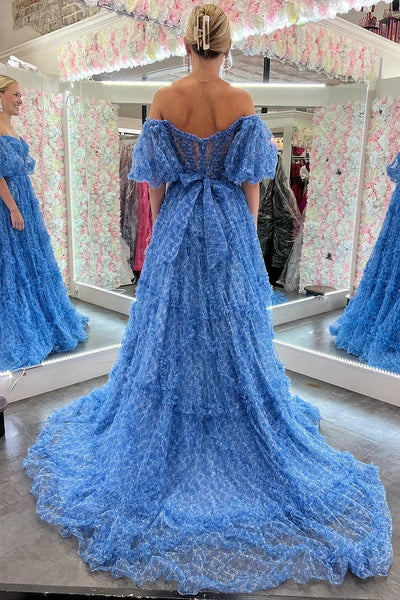 Blue A-Line Corset Long Tulle Floral Prom Dress with Ruffles AB4042803