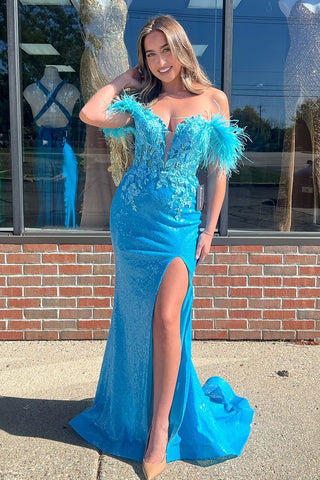 Charming Mermaid Off the Shoulder Blue Sequins Prom Dresses with Appliques AB24110210