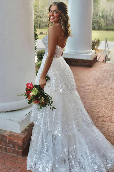 A-Line Strapless White Sequin Lace Ruffle Tiered Long Prom Dresses AB25032402
