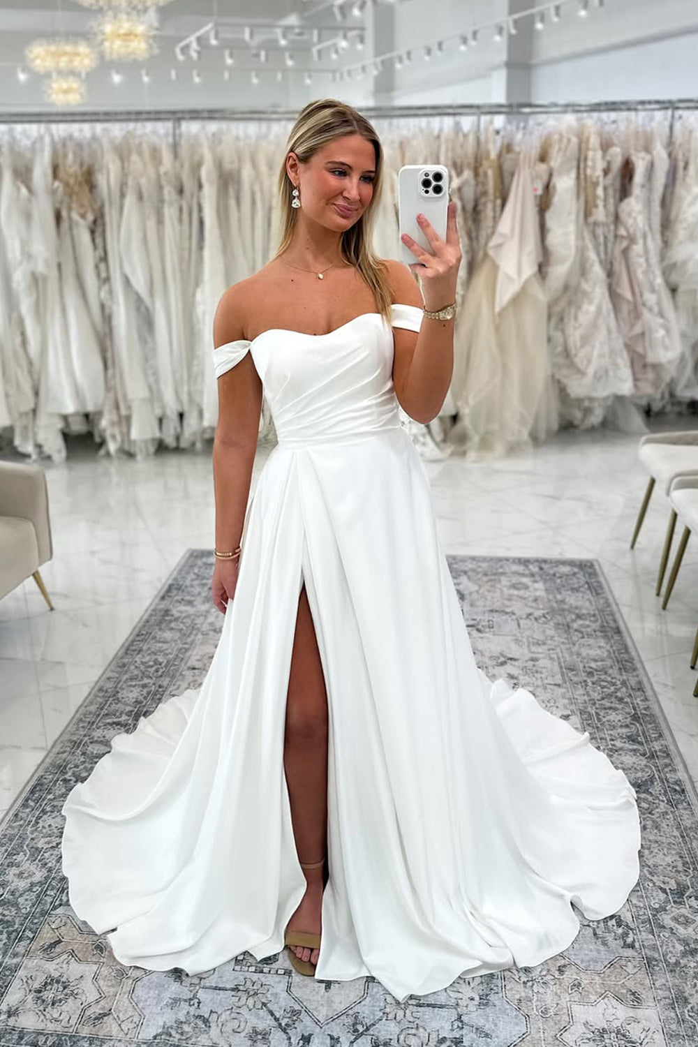 Fashion A Line Off the Shoulder White Satin Wedding Dresses with Slit AB25050204