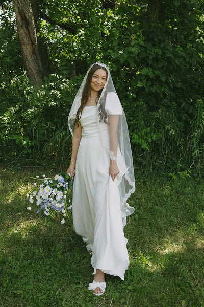 A-Line Square Neck Short Sleeves Satin Wedding Dress AB25092307