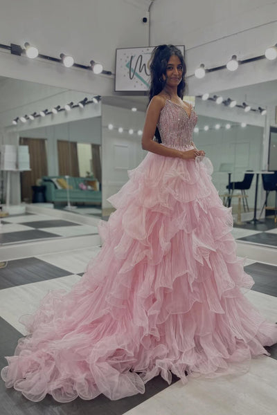 Gorgeous Ball Gown V Neck Light Pink Tulle Prom Dress with Beading AB26041703