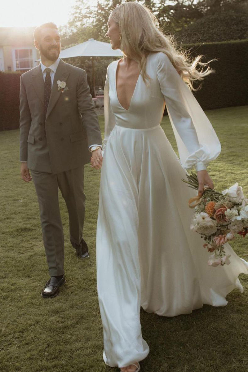 Fairy A Line Deep V Neck Silk Satin Long Wedding Dresses with Open Back AB082405