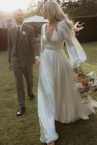 Fairy A Line Deep V Neck Silk Satin Long Wedding Dresses with Open Back AB082405
