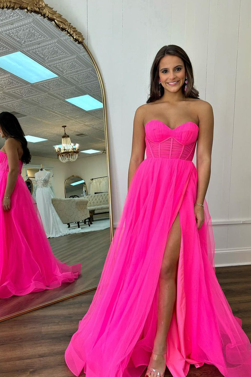 Cute A Line Sweetheart Hot Pink Tulle Long Prom Dress with Slit AB4021103