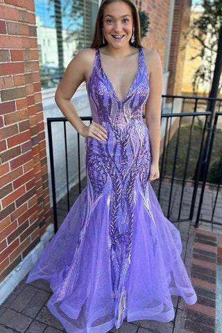 Charming Mermaid V Neck Lavender Sequins Long Prom Dresses AB110704