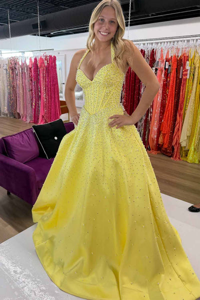 A Line V Neck Yellow Hot Fix Satin Prom Dress with Beading AB26102909