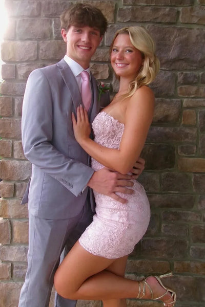 Cute Bodycon Sweetheart Light Pink Short Lace Homecoming Dress AB25082506