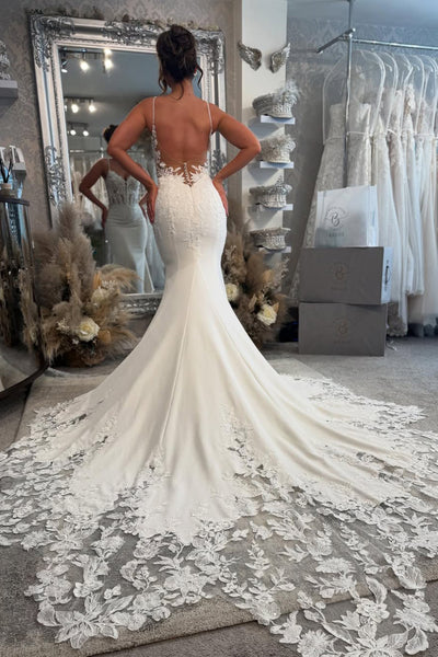 Elegant Mermaid V Neck Elastic Satin Wedding Dresses with Appliques AB25050203