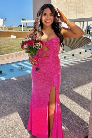 Mermaid Strapless Fuchsia Long Prom Dresses with Beadings AB25032404