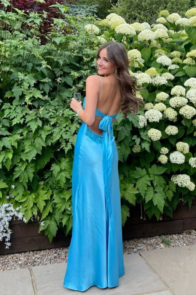 A Line V Neck Blue Satin Prom Dresses with Beading AB24122615 Anniebride A Line V Neck Blue Satin Prom Dresses with Beading AB24122615 Anniebride