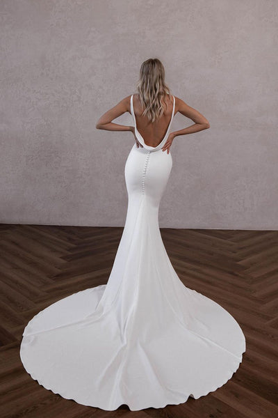 Elegant Mermaid V Neck Elastic Satin Wedding Dresses with Train AB080706