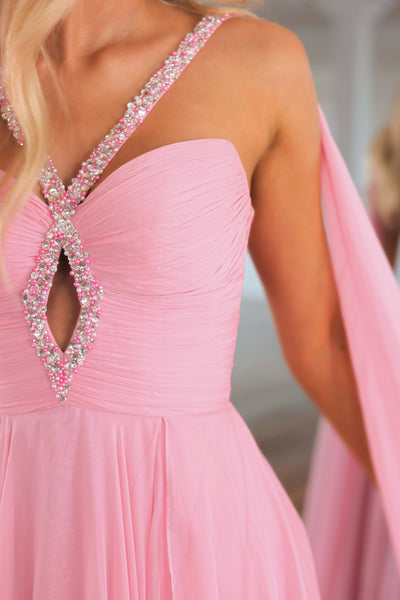 A Line V Neck Blush Pink Chiffon Long Prom Dress with Beading AB26102104