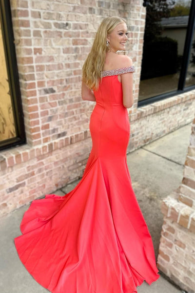 Charming Mermaid Off the Shoulder Red Satin Long Prom Dress with Beading AB112803