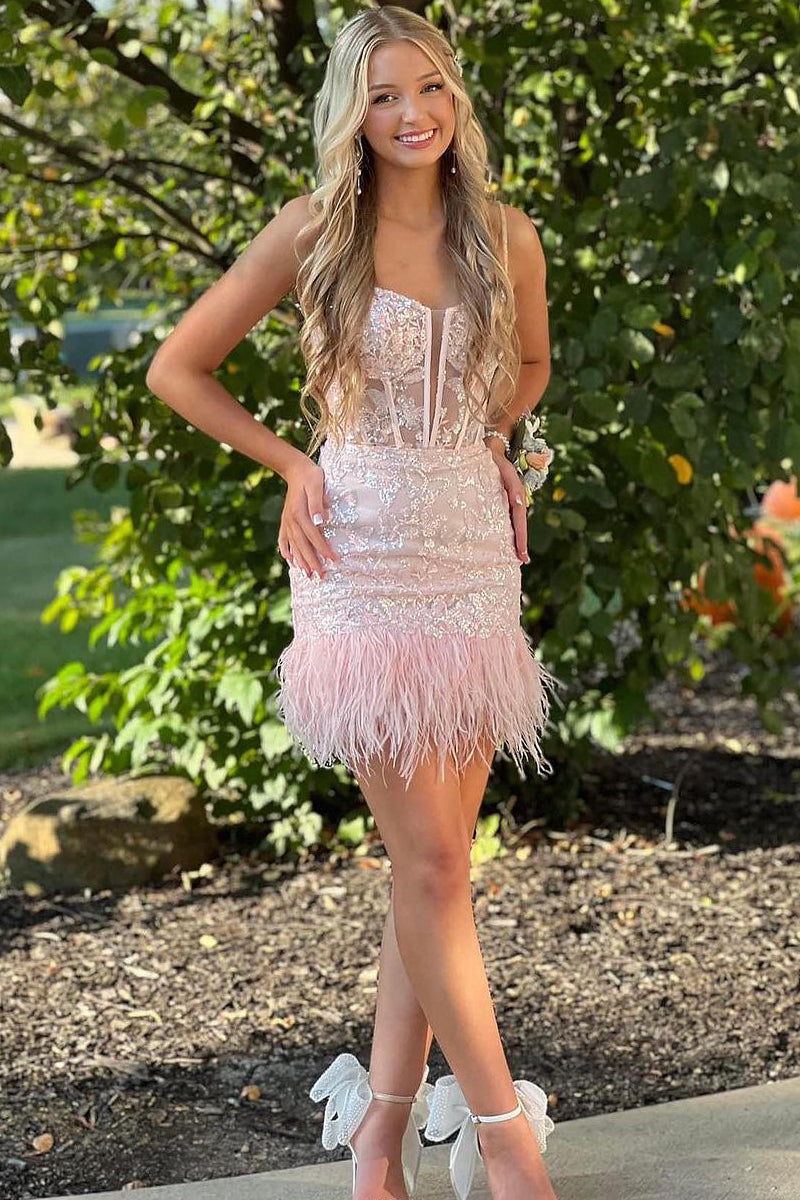 Cute Bodycon Scoop Neck Blush Pink Short Homecoming Dresses with Feather AB100305