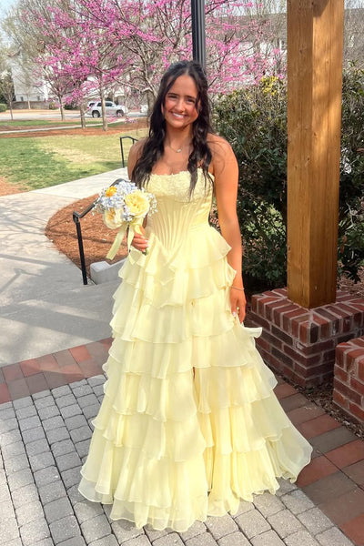 Cute A Line Strapless Daffodil Chiffon Tiered Long Prom Dress AB26032907