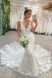 Elegant Mermaid V Neck Lace Wedding Dresses AB4020106