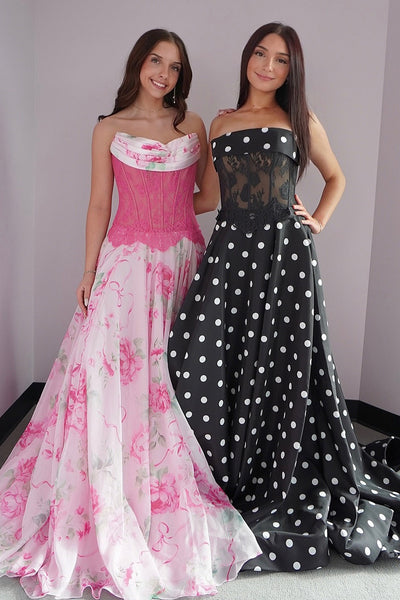 A Line Strapless Floral Chiffon Long Prom Dress with Lace AB26032811
