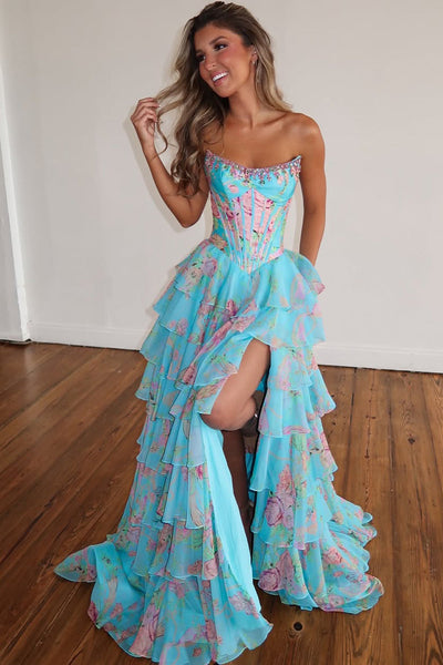New Arrival A Line Scoop Neck Floral Chiffon Prom Dress with Beading AB16122803