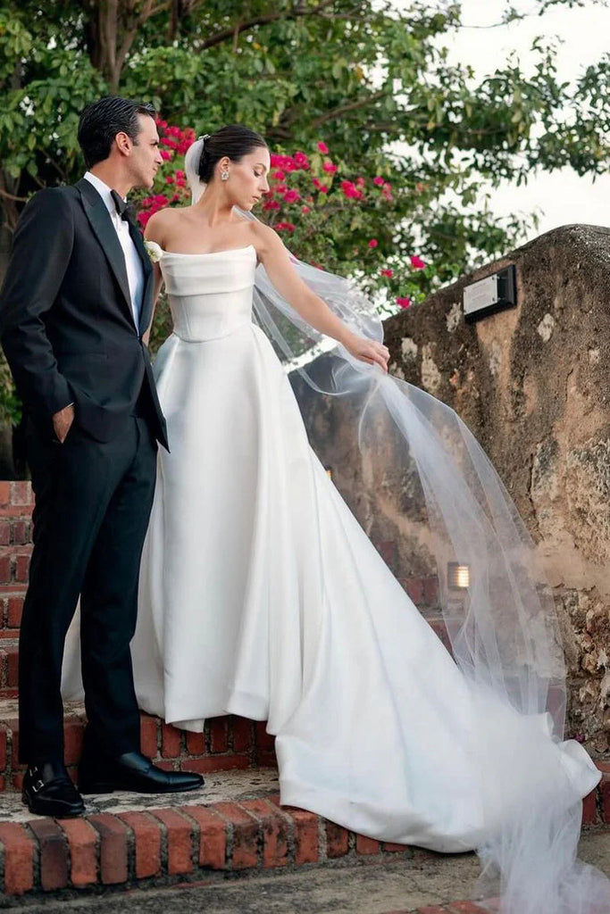 Gorgeous A Line Cowl Neck Satin Long Wedding Dresses AB24100701 Anniebride Gorgeous A Line Cowl Neck Satin Long Wedding Dresses AB24100701 Anniebride