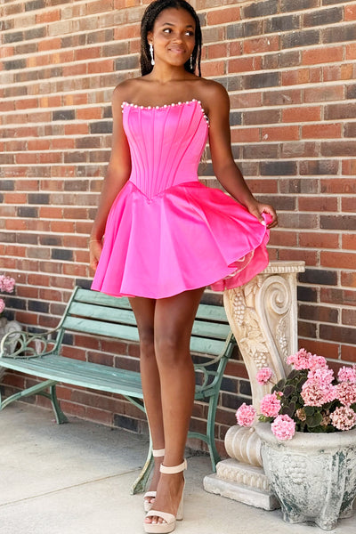 A Line Scoop Neck Hot Pink Satin Homecoming Dress with Beading AB26072006