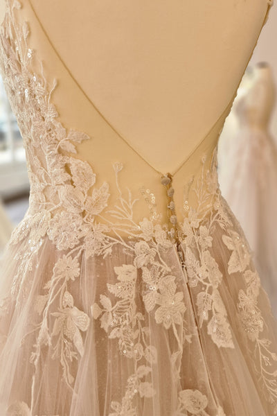 Bohemian A Line V Neck Tulle Long Wedding Dress with Appliques AB26072412