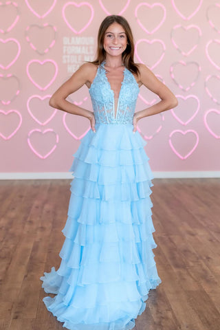 Cute A Line V Neck Tiered Chiffon Long Prom Dress with Appliques AB25022309