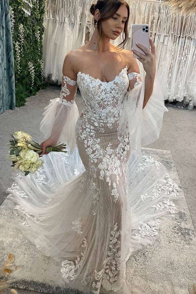 Elegant Mermaid V Neck Champagne Sparkly Lace Wedding Dress wirh Appli Anniebride Elegant Mermaid V Neck Champagne Sparkly Lace Wedding Dress wirh Appli Anniebride