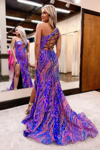 Mermaid One Shoulder Purple Sequins Long Prom Dress with Slit AB4031901