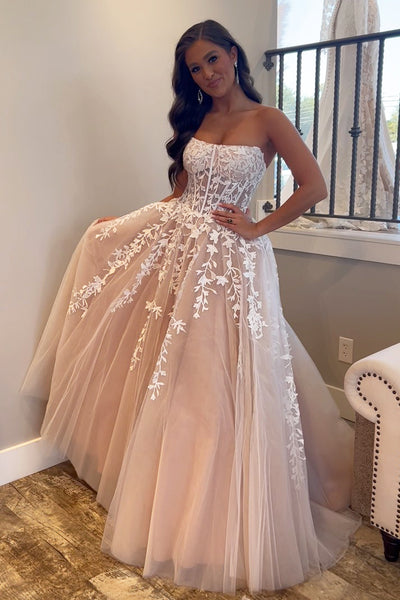 Cute Ball Gown Strapless Blush Pink Tulle Prom Dress with Appliques AB112401