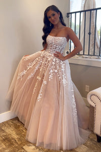 Cute Ball Gown Strapless Blush Pink Tulle Prom Dress with Appliques AB112401