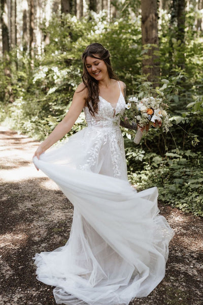 Fairy A Line V Neck Tulle Long Wedding Dresses with Appliques AB24100408