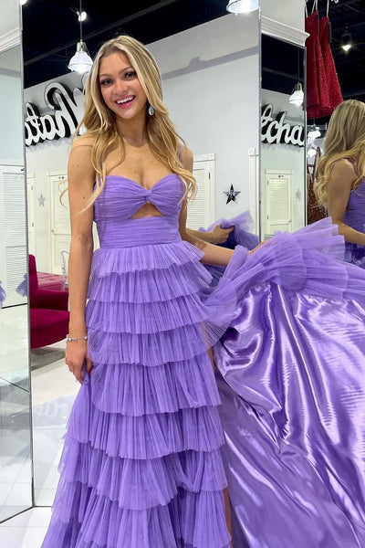 Sweetheart Keyhole Lilac Ruffle Tulle Long Prom Dress with Slit AB4041201