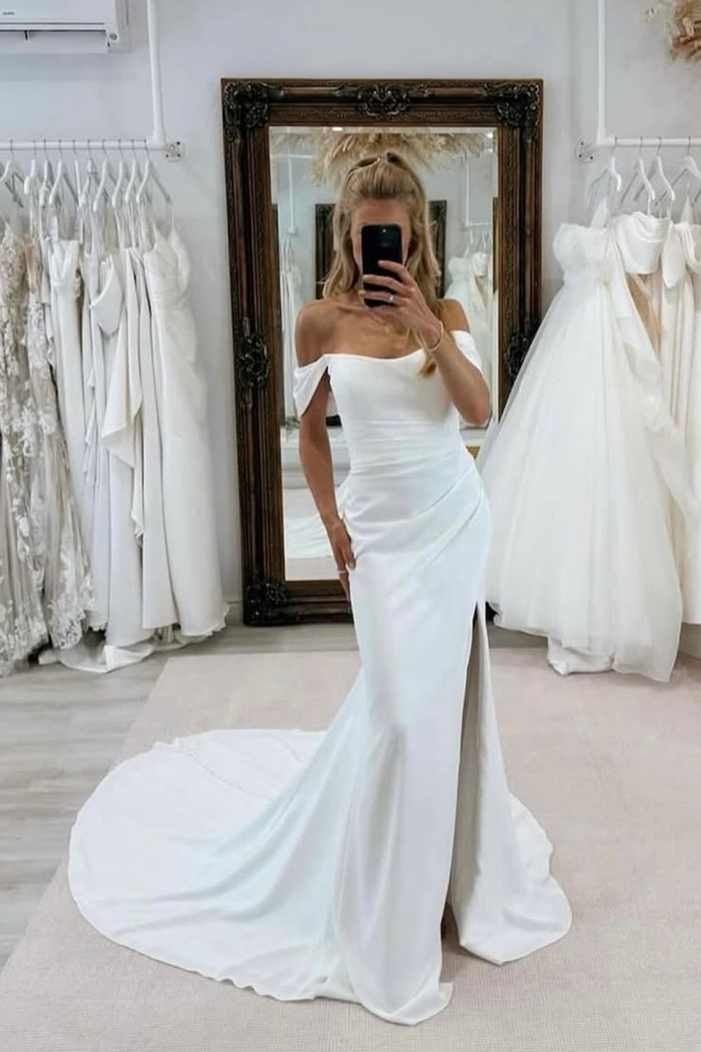 Elegant Mermaid Off the Shoulder Elastic Satin Wedding Dress with Slit AB25112403