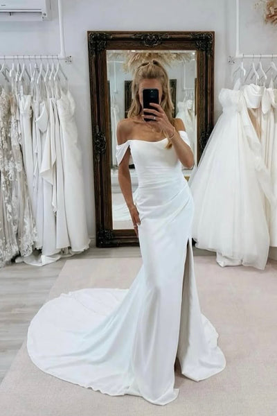 Elegant Mermaid Off the Shoulder Elastic Satin Wedding Dress with Slit AB25112403