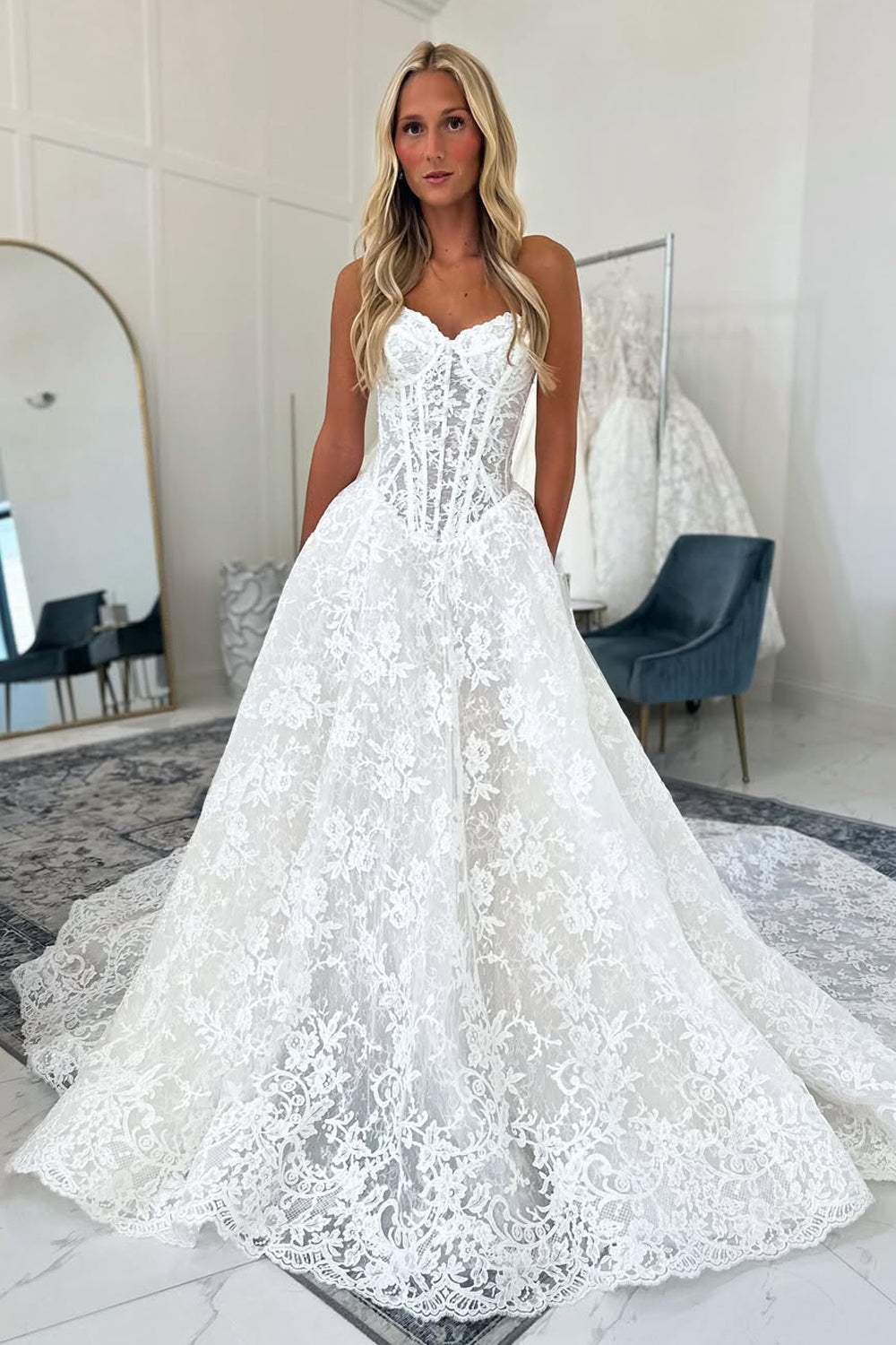 Bohemian A Line Sweetheart Lace Wedding Dress AB25100602