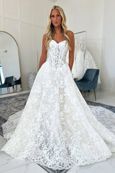 Bohemian A Line Sweetheart Lace Wedding Dress AB25100602