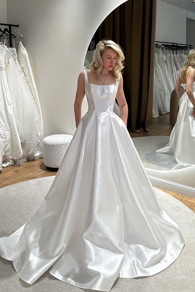 Ball Gown A Line Square Neck Satin Wedding Dress with Pockets AB26052406