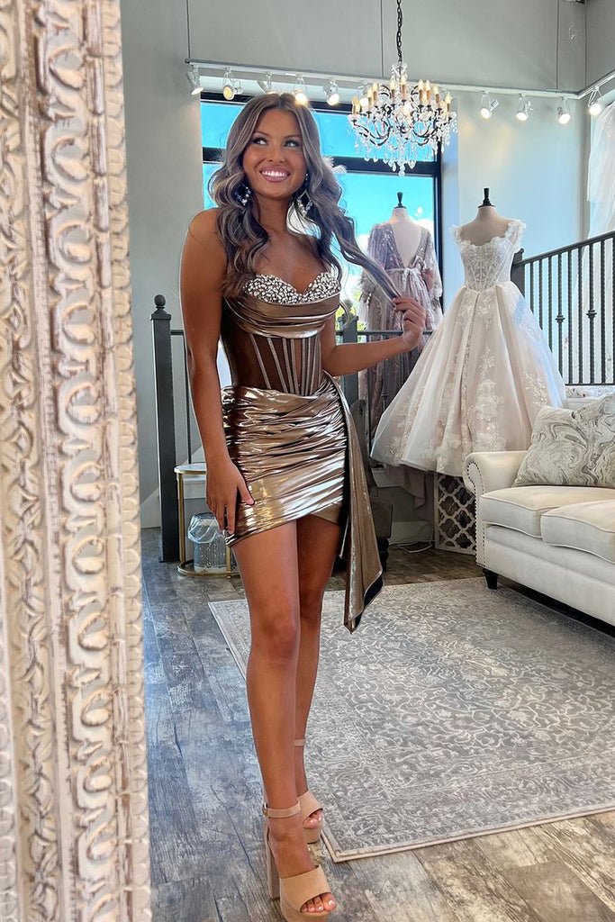 brown dresses for homecoming Silver Beaded Deep V-neck Brown Feathers Mermaid Prom Dresses