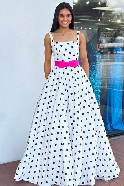A Line Square Neck White Black Dot Satin Prom Dress AB26033012