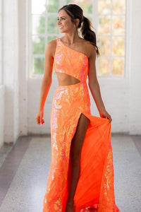 Sparkly Mermaid One Shoulder Orange Sequins Long Prom Dresses with Lace AB092406