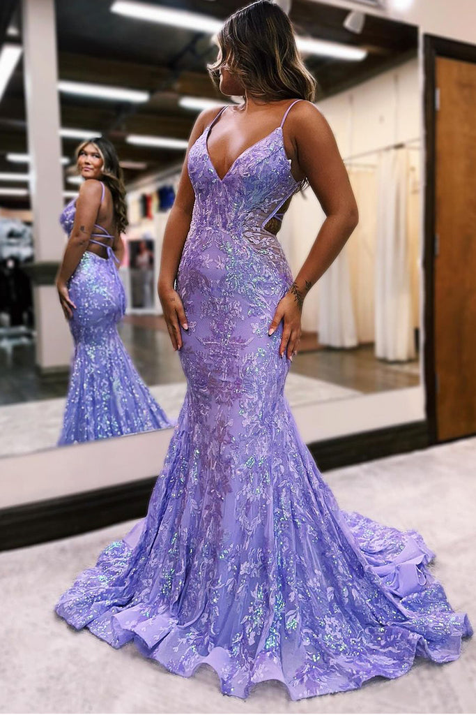 Gorgeous Mermaid V Neck Blue Sequins Lace Prom Dresses AB111405