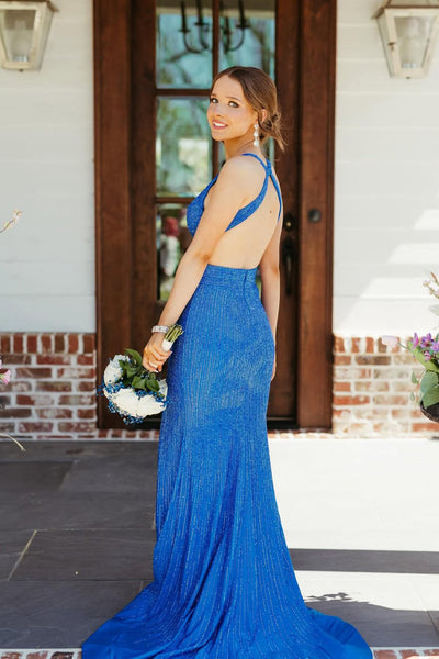 Charming Mermaid V Neck Royal Blue Hot Fix Satin Prom Dress with Slit AB26040102