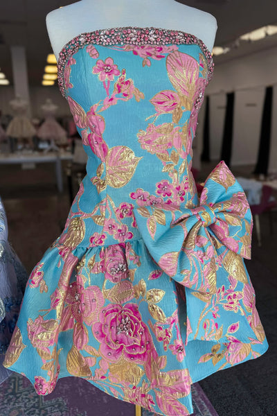 Fashion A Line Strapless Jacquard Satin Homecoming Dress with Bow AB26062804