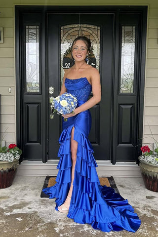 Cute Mermaid Scoop Neck Royal Blue Tiered Satin Prom Dress AB25052820