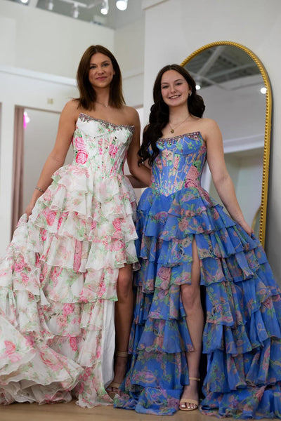 Cute A Line Strapless Blue Floral Satin Prom Dress with Beading AB26032208