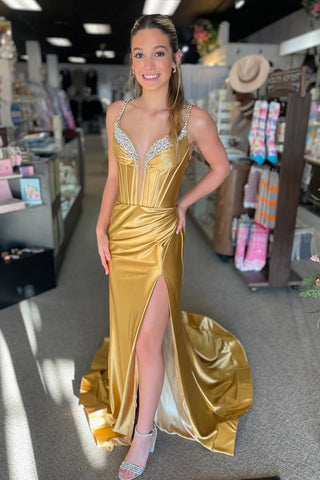Charming Mermaid V Neck Gold Metallic Satin Prom Dress with Beading AB25011501