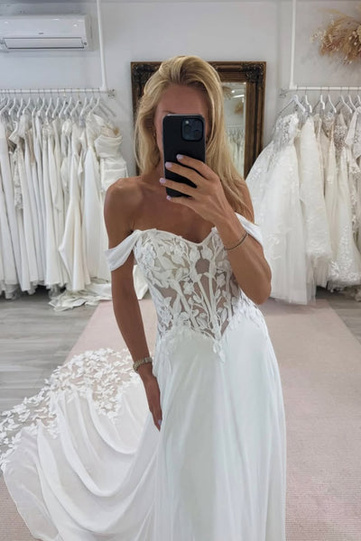 Bohemian A Line Off the Shoulder Chiffon Beach Wedding Dress with Appliques AB26011308