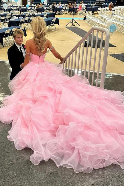 Gorgeous Ball Gown Off the Shoulder Tulle Pink Prom Dresses Dresses AB24102305