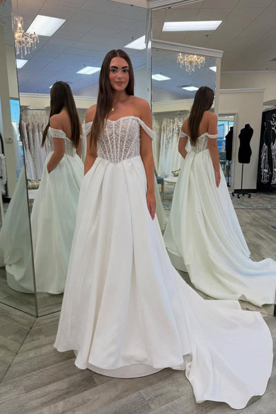 Gorgeous A Line Off the Shoulder White Satin Wedding Dress with Pockets AB26012006